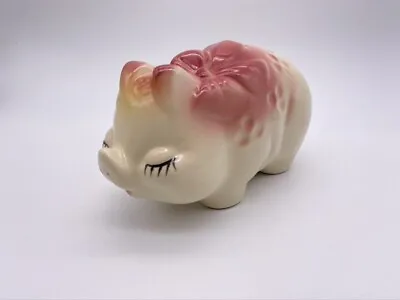 Vintage 6  Art Pottery Ceramic Smiley PIG Piggy Bank With Bow Eyelashes Shamrock • $29.99