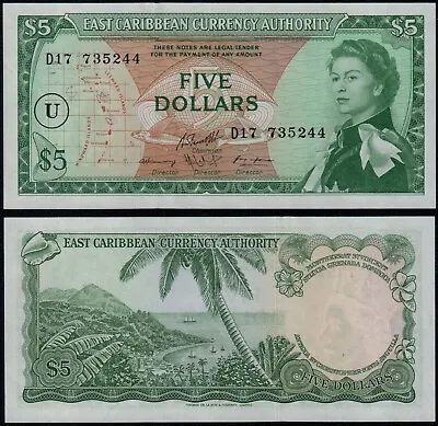 EAST CARIBBEAN STATES 5 DOLLARS (P14o) N. D. (1965) QEII OVERPRINT U UNC • £92.75