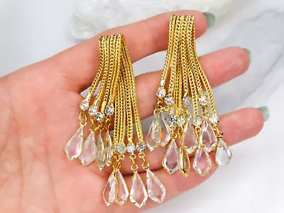 Juliana 50s Vtg Deco Gold Mesh Tassel Crystal Drippy 3  Dangle Earrings Stunning • $21.50