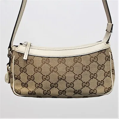 $350 • Buy Gucci Mini Brown/White GG Monogram Canvas Pochette Shoulder Bag Made In Italy