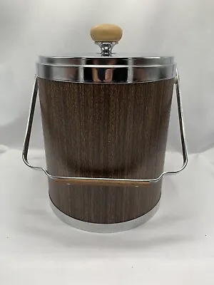 Vintage Kromex Ice Bucket Faux Walnut Wood Grain Chrome Lid Barware MCM EVC USA • $19.99