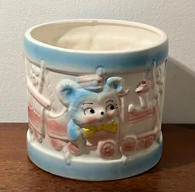Vintage Ceramic Planter Japan Baby  Nursery Bear On Train With Flowers Drum NICE • $14.59