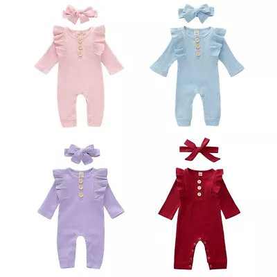 0-18M Baby Girls Rompers Ruffle Long Sleeves Spring Fall Outfits W/Headband UK • £8.65