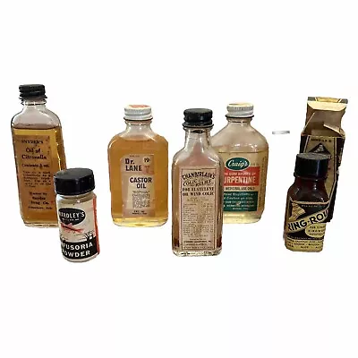 ANTIQUE LOT 6 OLD MEDICINE BOTTLES SOME UNOPENED LABLE TOPS BOX 1930’s • $39.50