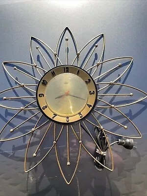 Vintage Mid Century Modern Starburst Wall Clock Atomic Lux Sunburst Flower Works • $70