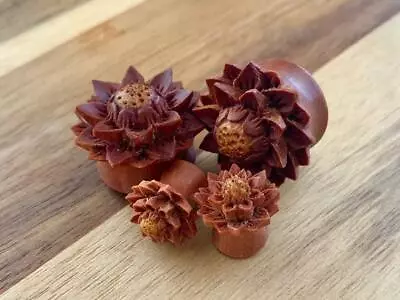 PAIR Lotus Flower Sawo Wood Plugs Organic Carved Gauges 0g Thru 1  Available • $16.95