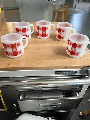 5 Vtg Federal Milk Glass Heat Proof Coffee Cup Mug Red Gingham Floral Plaid • $35