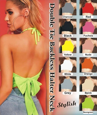 £3.99 • Buy Ladies Girls Halter Neck Crop Top Double Tie Back T-Shirt Open Back Vest Bralet