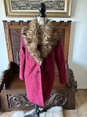 ‘Covent Garden’ Fuchsia Pink Coat Size 10 Fur Trim Detachable Collar Wool Mix • £10