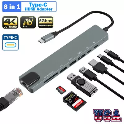 USB C Hub 8 In 1 Adapter HDMI 4K USB 3.0 Micro SD RJ45 Ethernet Netzwerk Macbook • $14.99