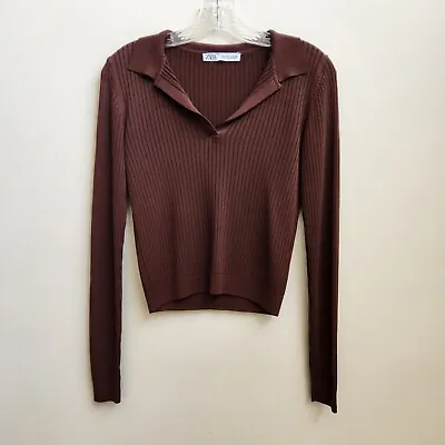 Zara Top Womens Small Brown Knit Ribbed Crop V-neck Collared Long Sleeve Stretch • $19.99