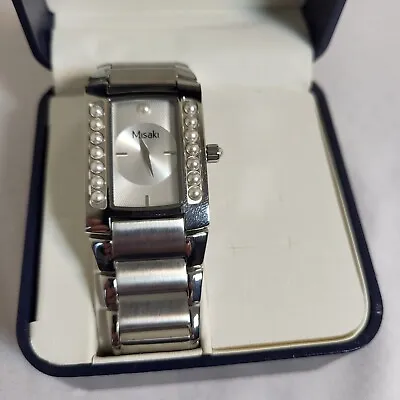 Misaki Men Silver Steel Rectangle Analog Quartz Watch 30m Faux Pearls • $23.99