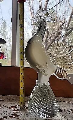 Vintage Murano Hand Blown Italian Art Glass 14 3/4 Inch Rooster Milky Grey Gold • $54