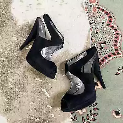Miu Miu | Designer Black Suede Leather Cut Out Slingback Stiletto Peep Toe Heels • $37.50