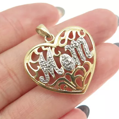 925 Sterling Silver 2-Tone Real White Diamond Accent  Mom  Heart Ornate Pendant • $34.95