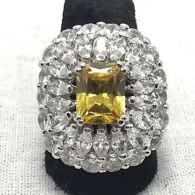 Vintage Silver Tone Citrine Yellow Main  & Clear Cubic Zircnia Stunning Ring  7 • $129.99