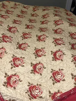 $75 • Buy Garnet Hill Double Queen Quilted Blanket Bedspread Reversible Roses Floral Rust