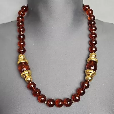 Vintage Napier Chunky Marbled Faux Amber Lucite Large Bead 80s Necklace 24  • $36