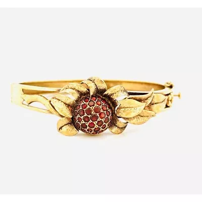 Vintage 14k Yellow Gold Large Flower Bangle Bracelet With Garnet Center - 6 Inch • $2290