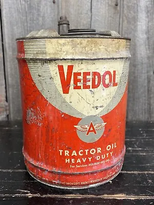 Vintage 5 Gal Veedol Tractor Motor Oil Can W/ Handle & Spout & Flying A Graphic • $95