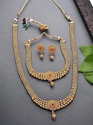 South Indian Bollywood Gold Plated Jewelry Choker & Necklace Temple Jewelry Sets • $34.18