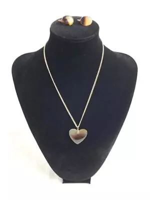 Vintage Brown Agate Heart Pendant Necklace And Clip On Earrings From Germany • $16