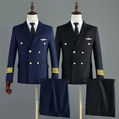 Men Airline Captain Suit Jacket Pants Pilot Blazer Aviator Costume Uniform Cool • $69.54