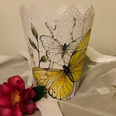 White Galvanised Steel Hand Decorated Planter Pot With Yellow Butterflies  • $30