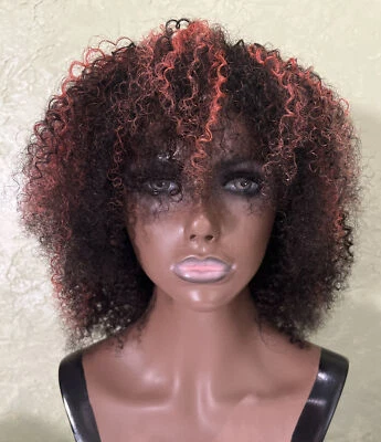 No Lace Natural Human Hair Wig Natural Black Curly 14” Large Orange Highlights L • $80