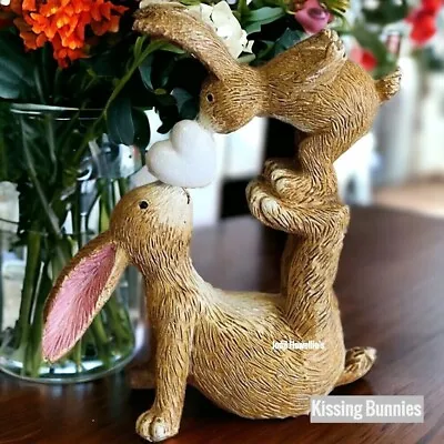 Kissing Bunny Rabbit White Heart Love Bunnies Ornament Figurine Nursery Easter • £10.90