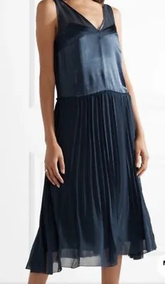 Malene Birger Carroll Dress Blue Size 32 Pleated Satin Mid $525 New NWT Cocktail • $90