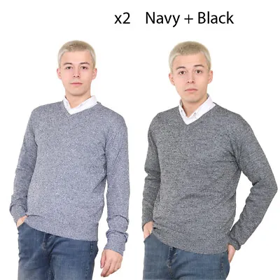 Brooklyn 2 Pack V-Neck Marl Sweater Long Sleeve Smart Casual Jumper Navy/Black • £9.99