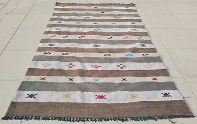 Authentic Hand Knotted Vintage Morocco Sumouk Kilim Wool Area Rug 4.9 X 3.1 Ft • $0.99