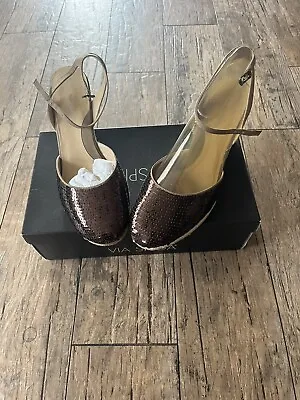 Via Spiga Sz 10 M Wedge Sandal Ankle Strap Larky Bronze Sequin Espadrilles • $16.75