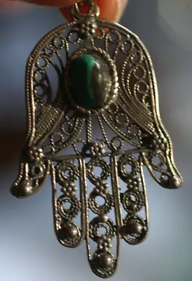 Vintage :925 STERLING SILVER W/MALACHITE ORNATE FILLIGREE PENDENT 1 3/4  BY 1  : • $33.33
