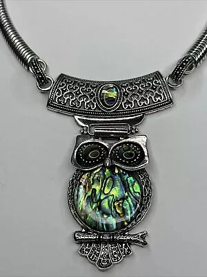 Statement Owl Necklace Collar Silver Tone Chunky Faux Abalone Shell • $26.96