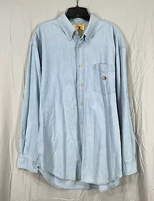 VTG DUCK HEAD Men's BLUE Denim EMBROIDERED LOGO Long Sleeve BUTTON-UP Shirt Sz L • $27.20