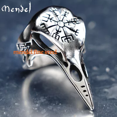 MENDEL Mens Nordic Viking Raven Skull Vegvisir Ring Stainless Steel Size 7 8-15 • $12.99