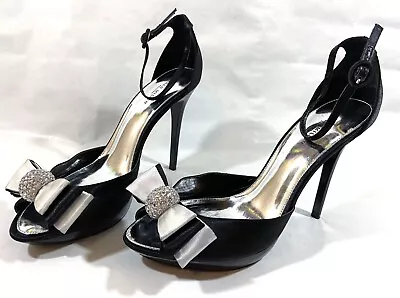 £39 • Buy Karen Millen Black Satin Ankle Strap Peep Toe Diamante Cluster Sandal Shoes 40