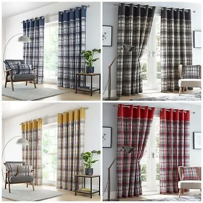 Orleans Tartan Check Eyelet Curtain Ready Made Fully Lined Ring Top Curtain Pair • £34.99