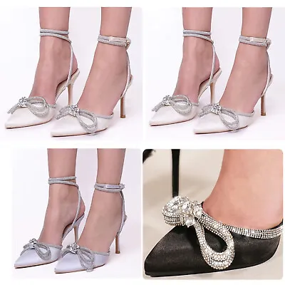 £31.95 • Buy Womens Ladies Mid Heel Point Diamante Bow Ankle Strap Party Sandals Shoes Size