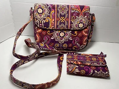 Vera Bradley Crossbody Purse And Matching Wallet Floral Purple Pre Owned • $27.49