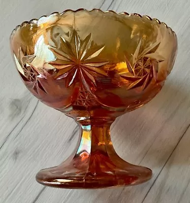 Vintage Orange Carnival Glass 4.5” Stemmed Bowl With Star Design • $27