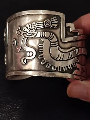 Vintage Mexico Aztec Sterling Silver Dragon Cuff Bracelet 69 Grams • $795
