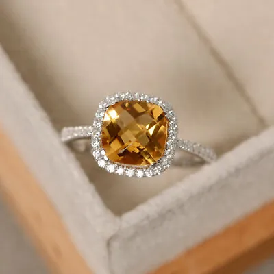 Cushion 2.70 Ct Natural Citrine Diamond Engagement Ring 14K White Gold Size 7 8 • $809.32