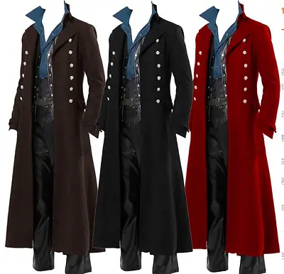 Men's Steampunk Military Trench Coat Long Jacket Gothic Overcoat Cosplay • $58.51