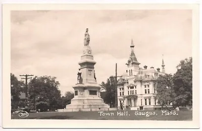 SAUGUS MA Vintage Postcard TOWN HALL & CIVIL WAR MONUMENT Massachusetts RPPC • $8.95