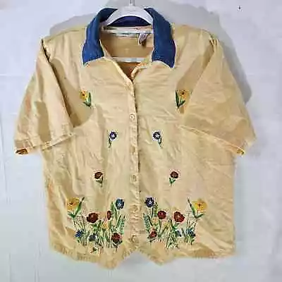 Vtg Victoria Jones Woman Button Up Shirt Embroidered Plus Size 1x Yellow Floral • $17.95