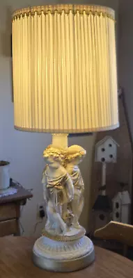 Vintage Chalkware Plaster 3 Cherub Table Lamp Ivory Gold Accent Pleated Shade • $29.99