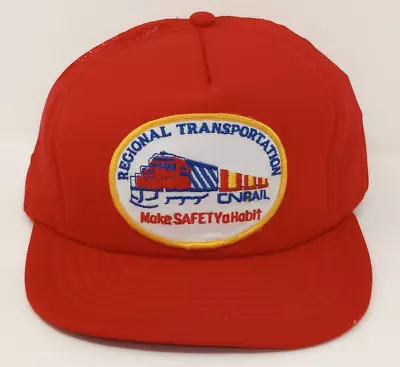 Vintage CN Rail Make Safety A Habit Regional Snapback Trucker Hat In Red • $19.73